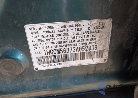 2003 Honda Accord 2.4 Lx from USA, damaged, VIN 1HGCM56373A052838